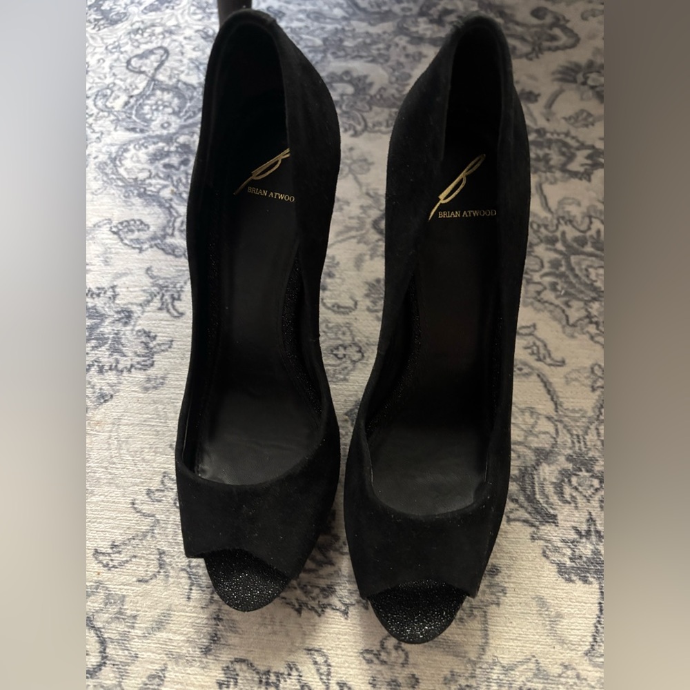 Brian Atwood Black Glitter Peep Toe Heels